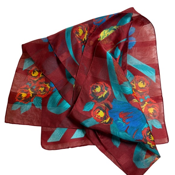 Accessories - Designer Floral Silk Scarf Red Teal Roses Ribbon Accent‎